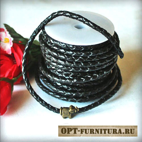 Шнур кожаный плетеный чёрный 4 мм (1 м)